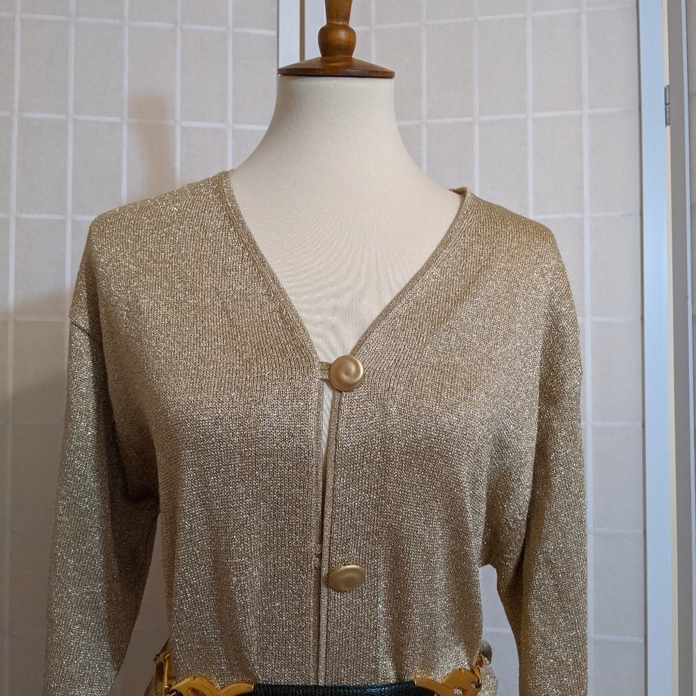 Vintage gold knit long cardigan sweater S - Picture 4 of 9